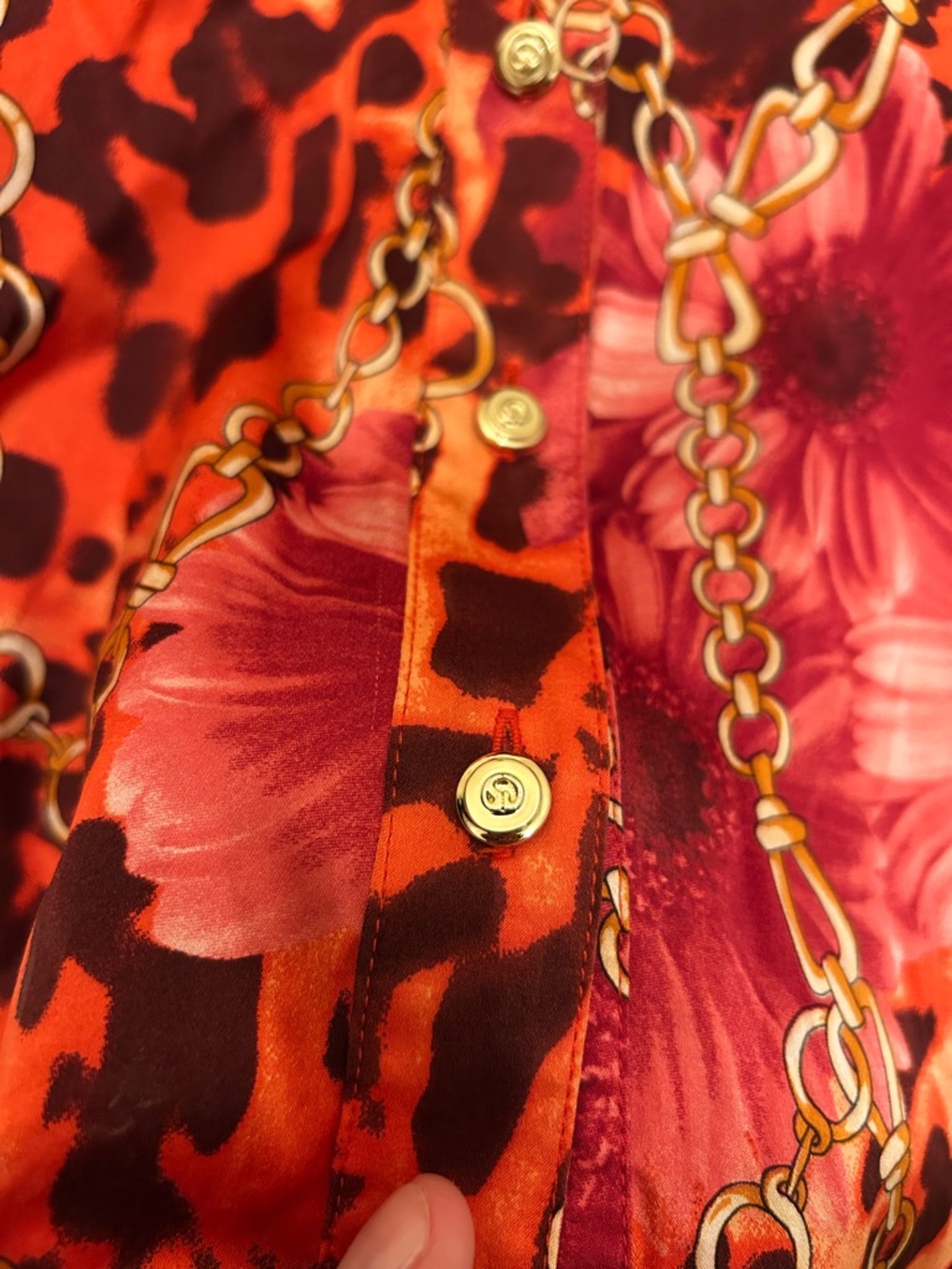 St. John Silk Blouse Size 10 Animal Print Chain Floral Ruffle Front StatementTop - Picture 7 of 7